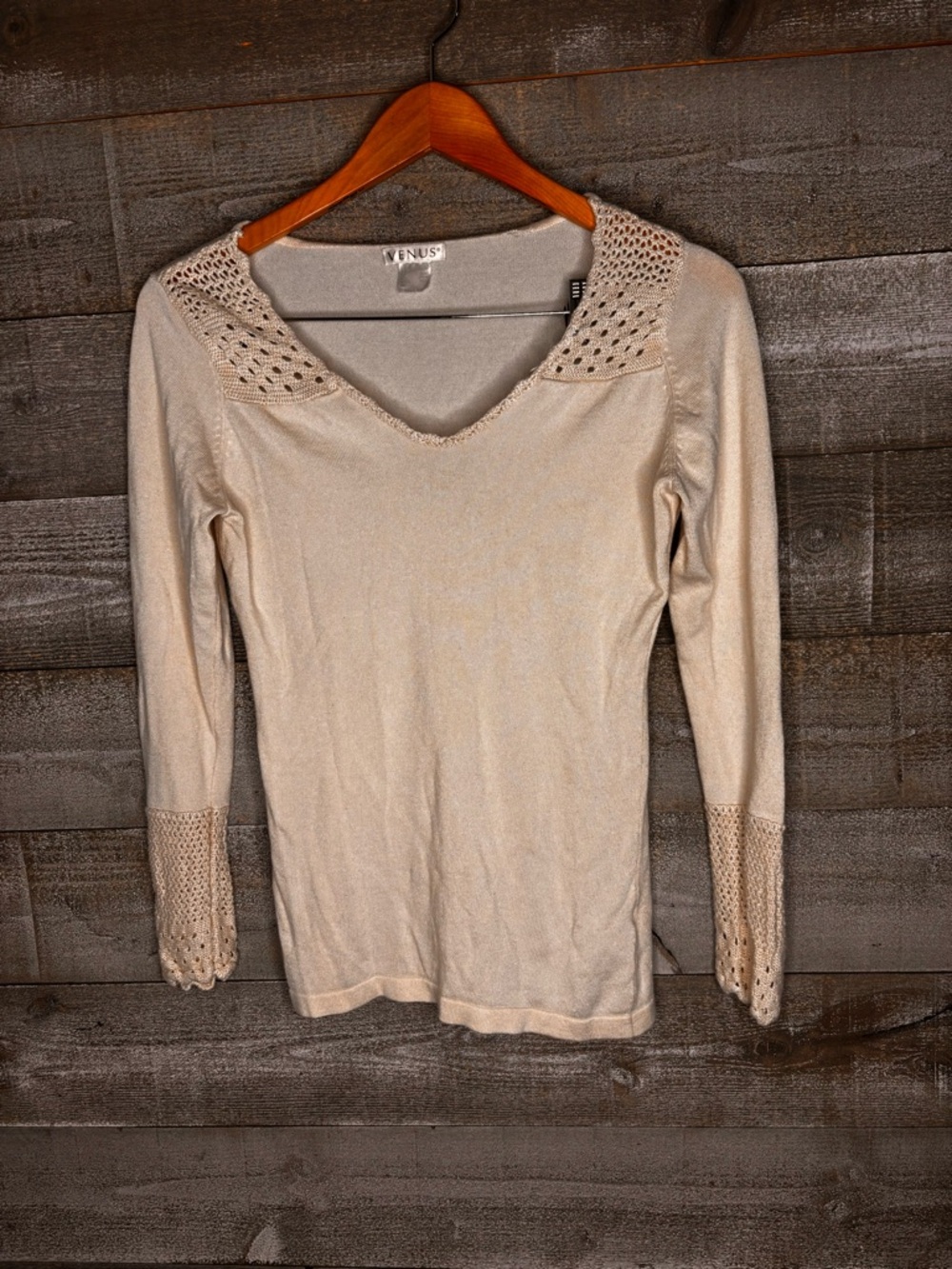 VENUS Cream crochet Knit V-Neck Top with Lace Trim